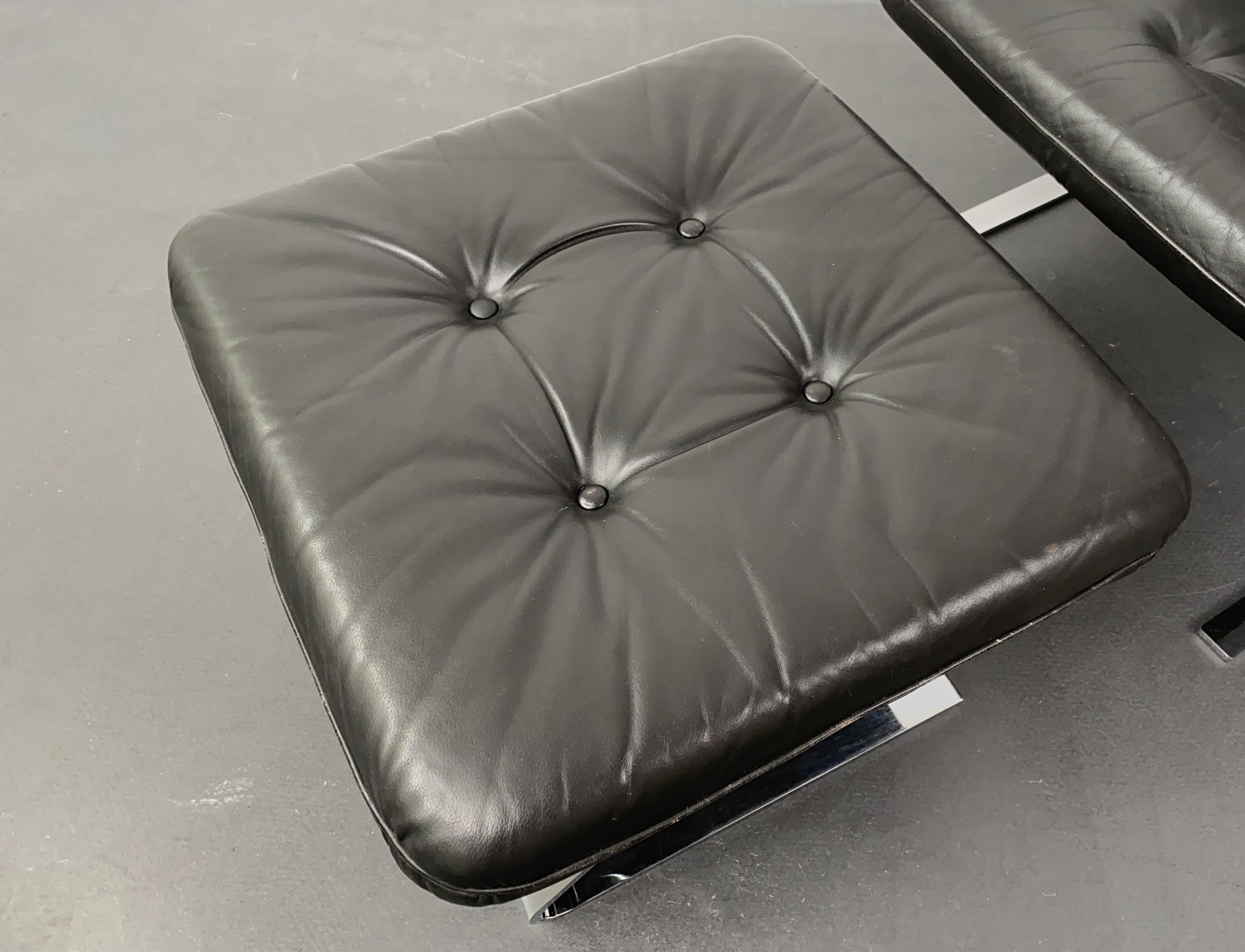 Mid-Century Lounge Arm Chair with Ottoman black Leather Chrome Frame