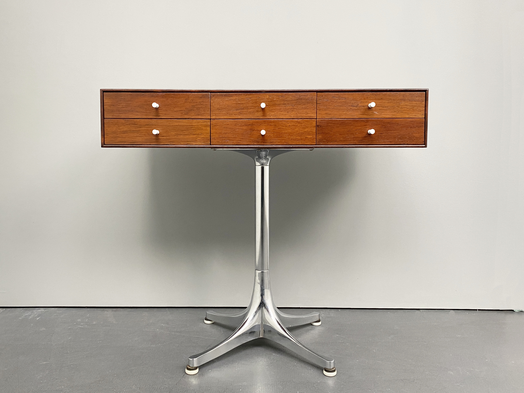 Rare small Desk / Table with 6 Drawers, Teak Wood with chrome-plated Base by George Nelson for Herman Miller, USA, 1950s