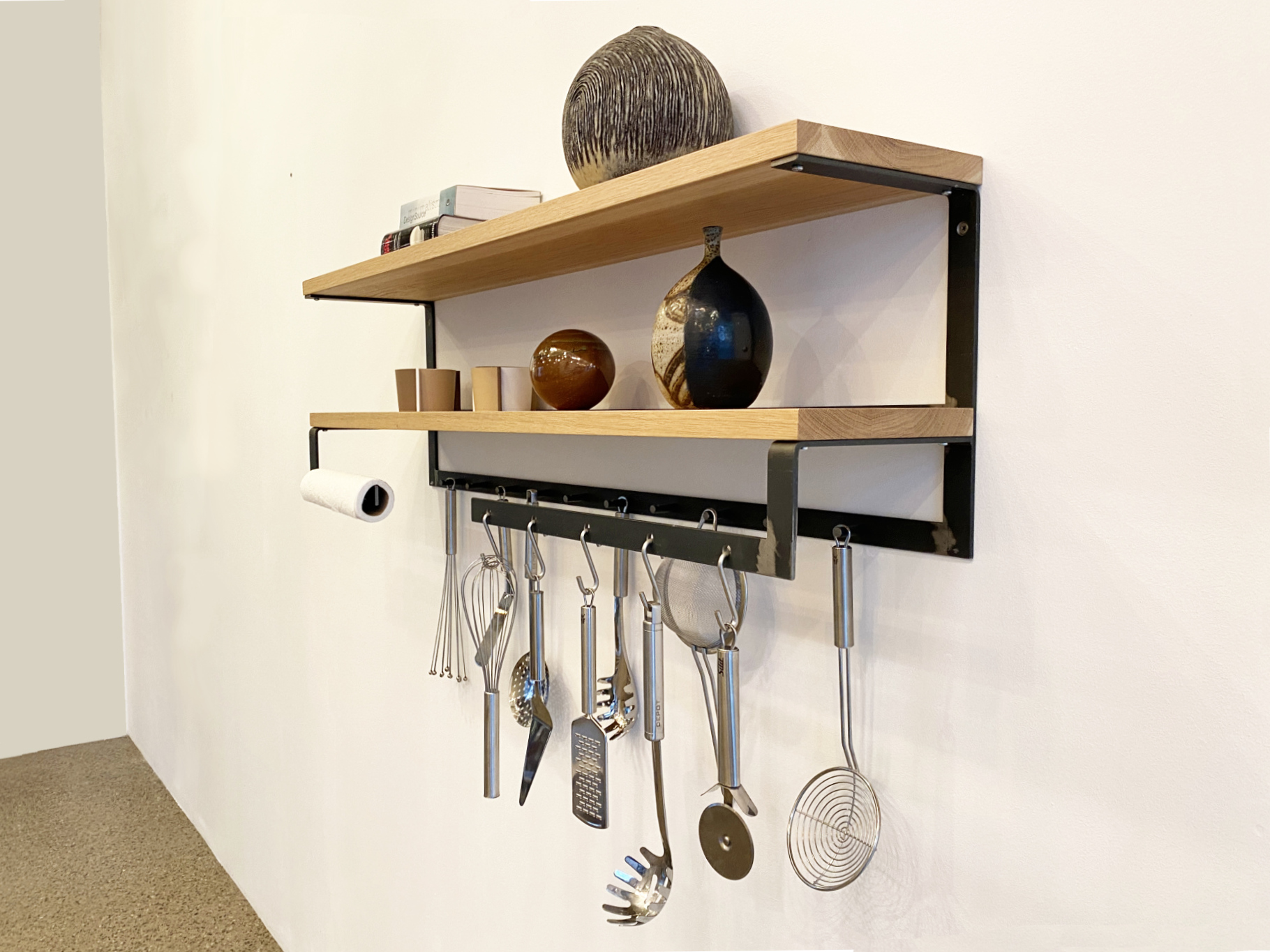 Kitchenshelf / Wall shelf designed by Inga Reichert, made of black untreated crude steel and Oak Wood - Industrial Design