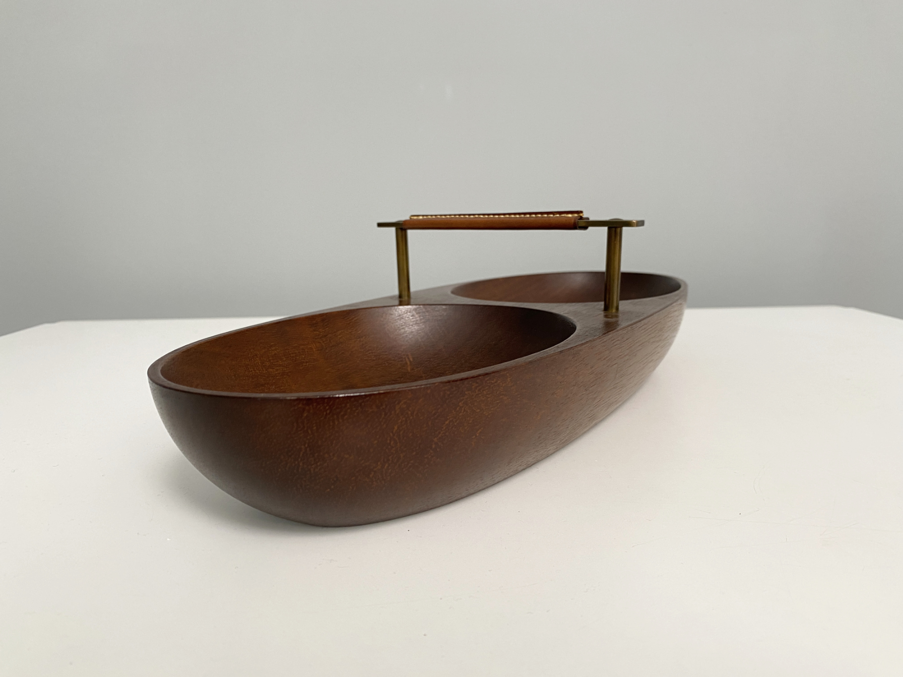 Large Teak Bowl Model 451 with Brass & Leather Handle by Carl Auböck, Vienna, Austria, 1950s